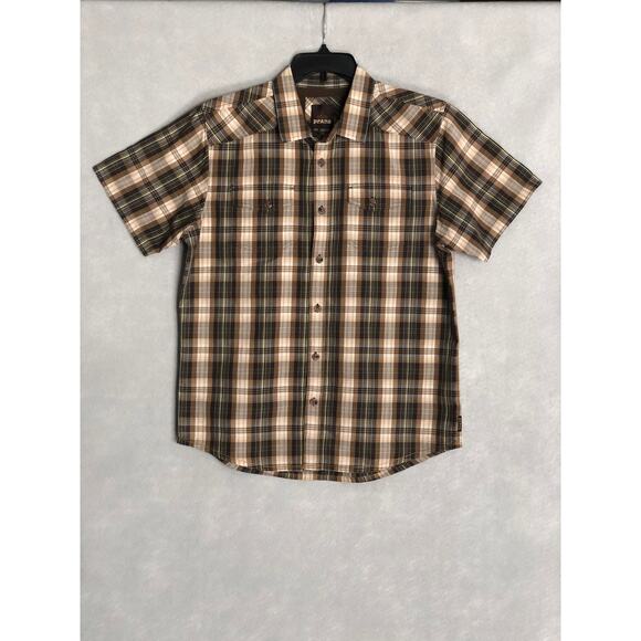 prAna Men's Large Short Sleeve Plaid Button-Up Shirt Brown - Picture 1 of 7
